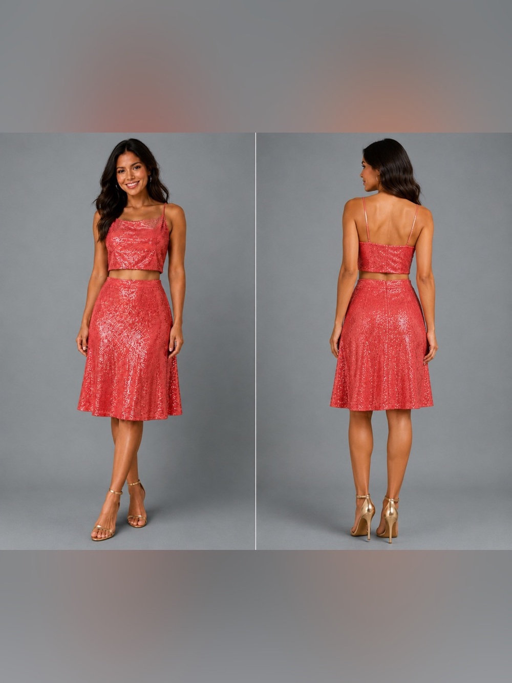 Sequin A-Line Midi Skirt in Coral/Red/ Pink